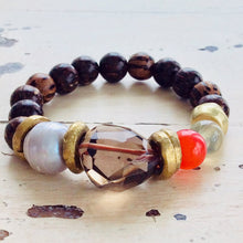 Charger l&#39;image dans la galerie, Smoky Quartz Stretch Wood Bracelet w Bright Orange Quartz
