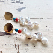 Lade das Bild in den Galerie-Viewer, Unique Baroque Keshi Pearl Earrings adorned with Freshwater Pearls, Red Coral, and Turquoise
