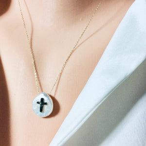 Solid Gold 18K Cross on Coin Pearl Pendant 18"Inches