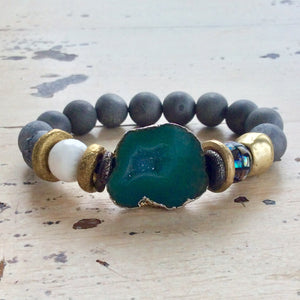 Green Druzy Agate Statement Gemstone Beaded Bracelet