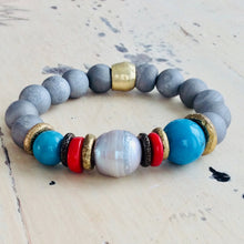 Load image into Gallery viewer, Coral Pearl Silver Gray Druzy Agate Turquoise Baroque Pearl Stretch Bracelet
