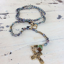 Cargar imagen en el visor de la galería, Y Long Pearl Necklace, Hope &amp; Love Cross Necklace, Prasiolite Charm, Religious Jewelry
