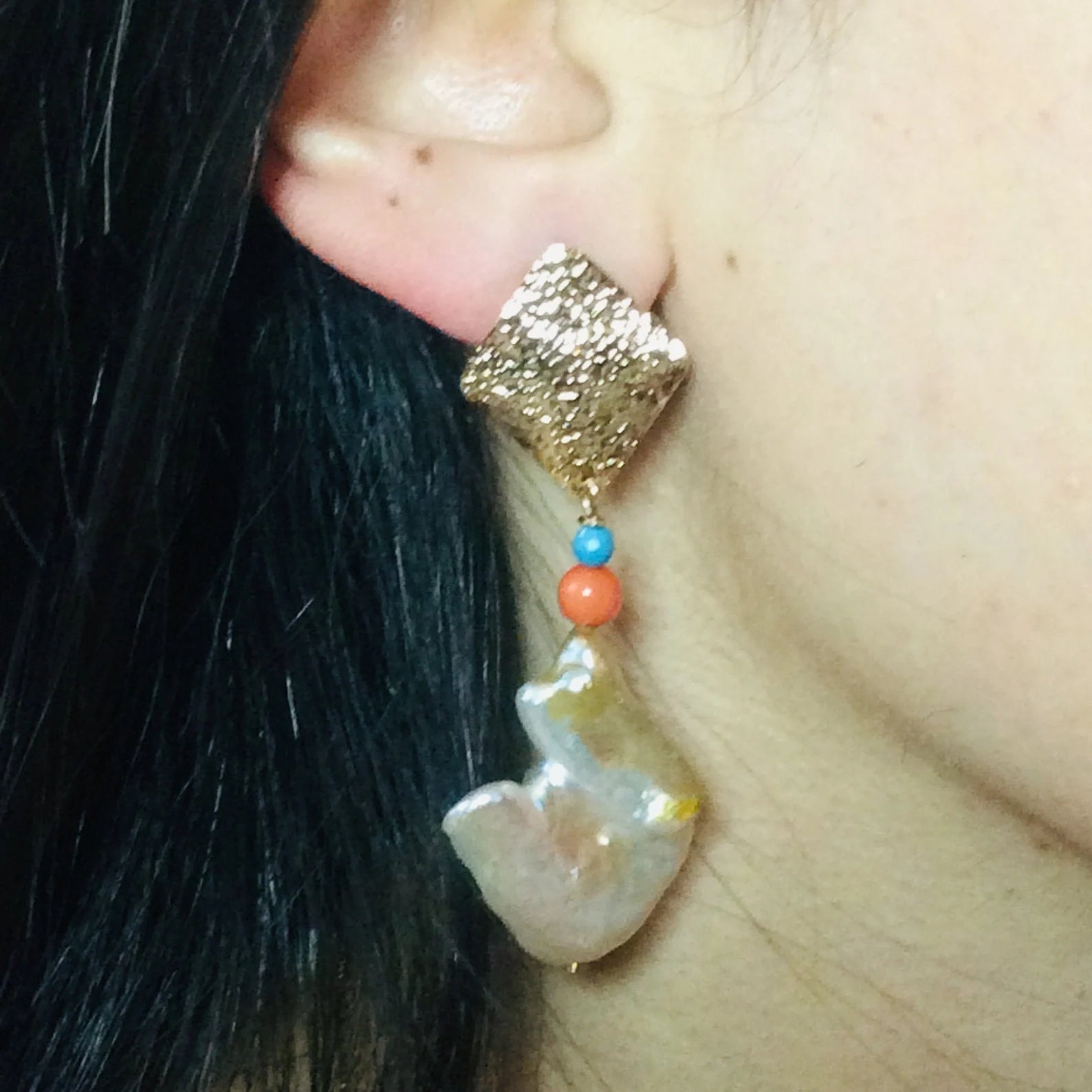 Baroque Pearl Turquoise Coral Earrings showcasing gold statement design with baroque pearls and vibrant coral beads.