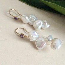Load image into Gallery viewer, White Keshi Pearl Drop Earrings, 14k GF Hook &amp; Purple Cz
