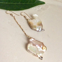 Load image into Gallery viewer, Mismatched Pearl Drop Earrings w Clear Cubic Zirconia and Gold Filled
