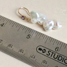 Load image into Gallery viewer, White Keshi Pearl Drop Earrings, 14k GF Hook &amp; Purple Cz
