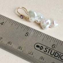 Load image into Gallery viewer, Keshi Pearl Drop Earrings, Gold Filled Hook and Purple Cubic Zirconia Bezel
