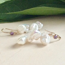 Load image into Gallery viewer, White Keshi Pearl Drop Earrings, 14k GF Hook &amp; Purple Cz

