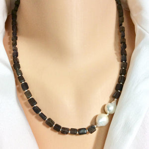 Iolite and Baroque Pearls Necklace with Sterling Silver Beads and Closure