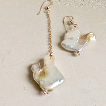 Load image into Gallery viewer, Mismatched Keshi Pearl Drop Earrings with Pink Cubic Zirconia Bezel, Gold Filled
