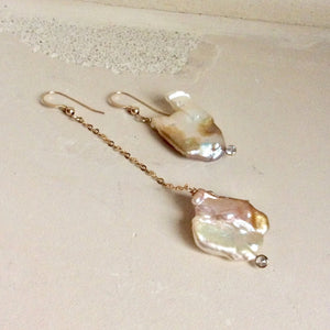 Mismatched Pearl Drop Earrings, Clear Cz, 14k GF