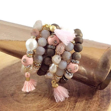 Lade das Bild in den Galerie-Viewer, Carved Wood Druzy Agate Golden Geode Stack Bracelet at $55
