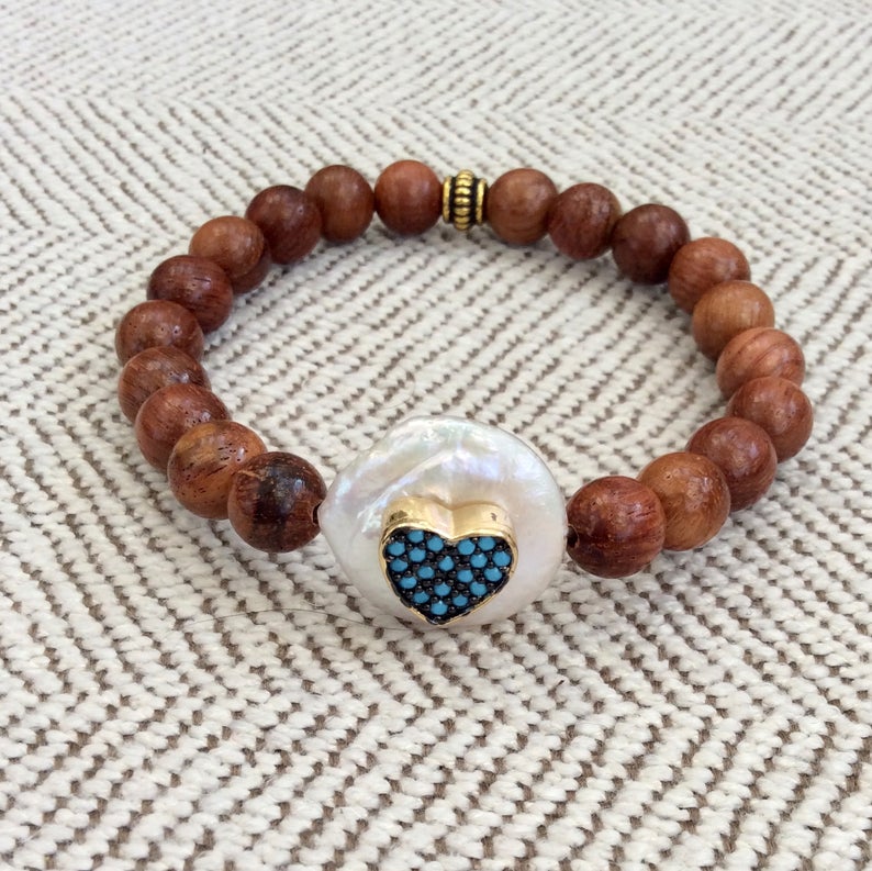 Sandalwood Stretchy Bracelet Turquoise Heart & Star, Coin Pearl Bracelet