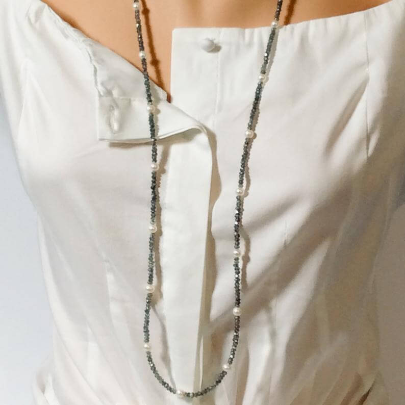 Labradorite pearl necklace 40 inches displayed on a mannequin, showcasing its handcrafted design and elegance.