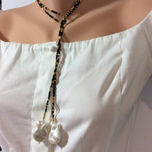 Load image into Gallery viewer, Black Spinel w Gold Coated Pyrite &amp; Large Baroque Pearl Long Lariat Necklace For Women at $310
