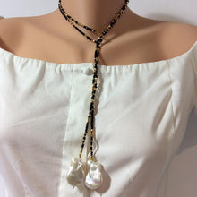 Lade das Bild in den Galerie-Viewer, Black Spinel w Gold Coated Pyrite &amp; Large Baroque Pearl Long Lariat Necklace For Women at $310
