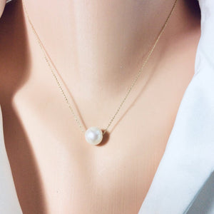 Solid Gold 18K Freshwater Pearl Floating Necklace 15.25"Inches or 16" Long