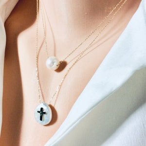 Solid Gold 18K Cross on Coin Pearl Pendant 18"Inches