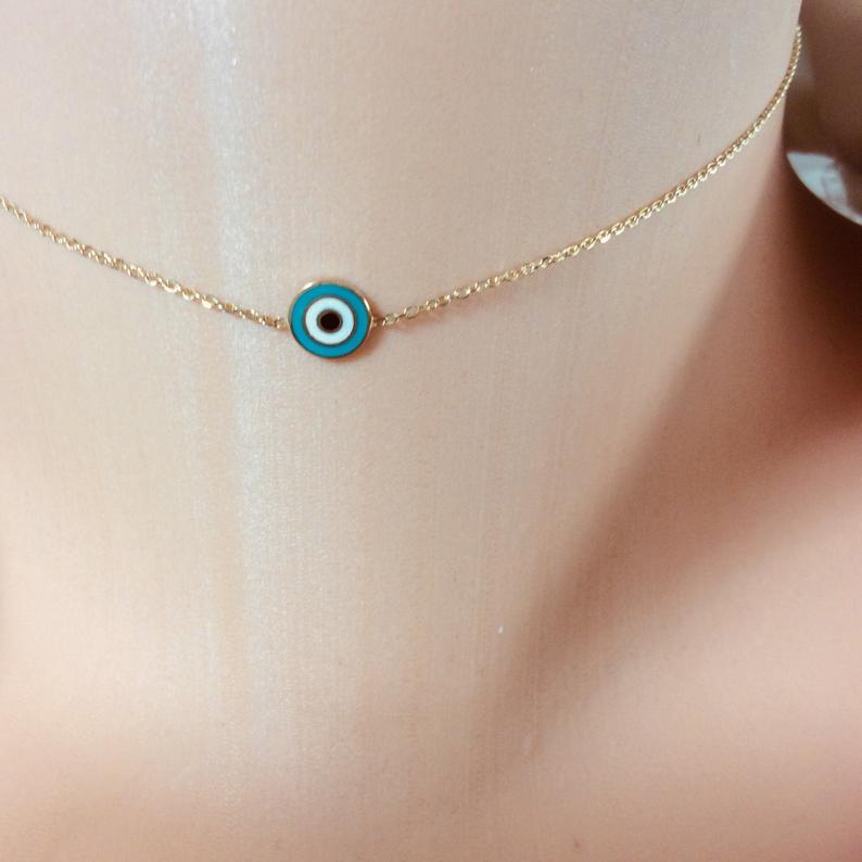 Solid Gold 18K Dainty Minimalist Evil Eye Enamel Pendant Collar Necklace 12 3/4