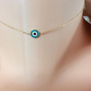 Solid Gold 18K Dainty Minimalist Evil Eye Enamel Pendant Collar Necklace 12 3/4"Inches