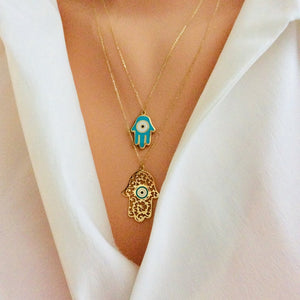 Solid Gold 18K Hamsa Charm Enamel Pendant Necklace 18"Inches Long