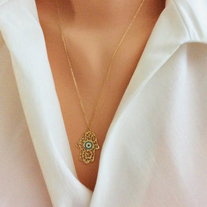 Solid Gold 18K Dainty Minimalist Enamel Hamsa Necklace 20"Inches Long