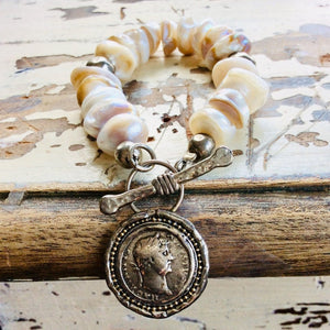 Baroque Pearl Charm Bracelet, Roman Coin Charm