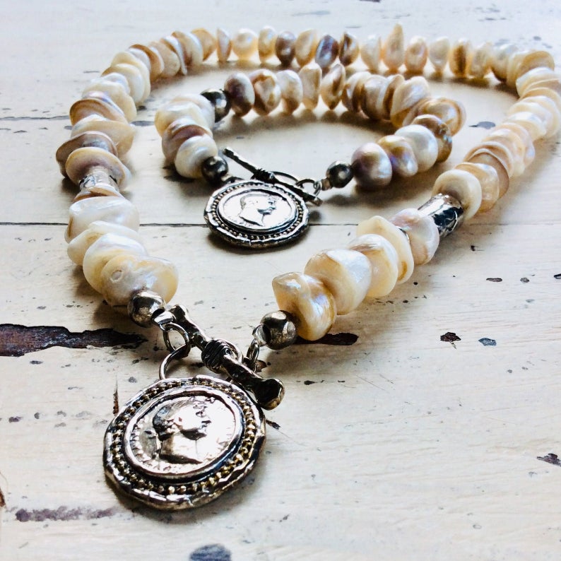Baroque Pearl Charm Bracelet, Roman Coin Charm