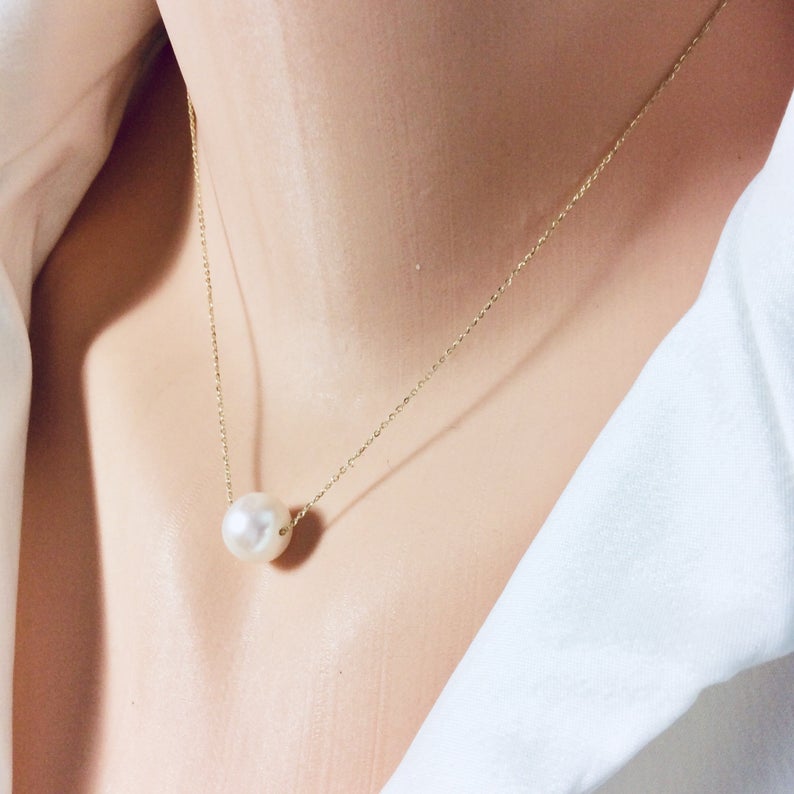 Solid Gold 18K Freshwater Pearl Floating Necklace 15.25