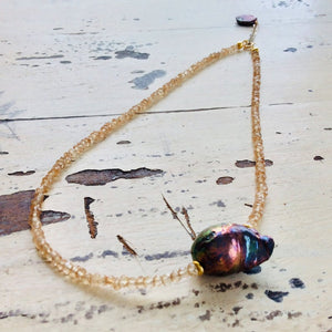 Citrine & Baroque Pearl Necklace November Birthstone