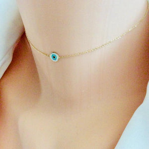 Solid Gold 18K Dainty Minimalist Evil Eye Enamel Pendant Collar Necklace 12 3/4"Inches