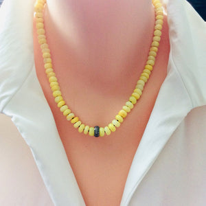 Natural Yellow Opal Beaded Necklace, Diamond Pave Necklace
