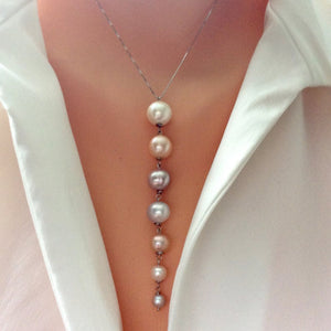 Graduating Pearl & Gold Necklace, Pearl Cascade Pendant, 18k Solid White Gold