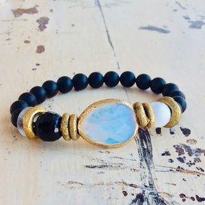 Opal Glass Bezel White Shell Onyx Bracelet Mala