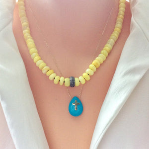 Collier de perles d'opale jaune naturelle, collier pavé de diamants