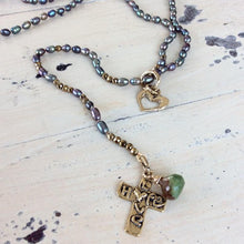 Load image into Gallery viewer, Y Long Pearl Necklace, Hope &amp; Love Cross Necklace, Prasiolite Charm, Religious Jewelry
