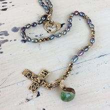 Load image into Gallery viewer, Y Long Pearl Necklace, Hope &amp; Love Cross Necklace, Prasiolite Charm, Religious Jewelry
