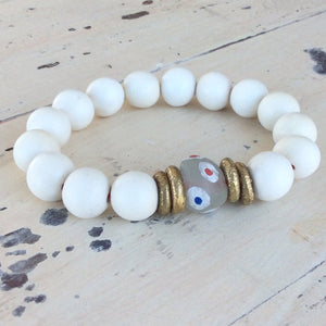 White Wood and Sea Glass Stretchy Bracelet