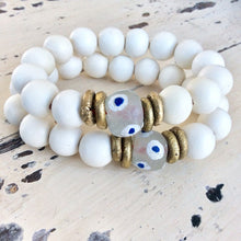 Load image into Gallery viewer, White Wood and Sea Glass Stretchy Bracelet
