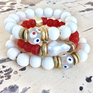White Wood and Sea Glass Stretchy Bracelet