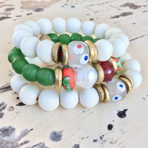 White Wood and Sea Glass Stretchy Bracelet