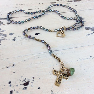 Y Long Pearl Necklace, Hope & Love Cross Necklace, Prasiolite Charm, Religious Jewelry