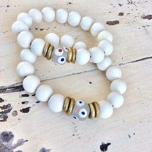 White Wood and Sea Glass Stretchy Bracelet