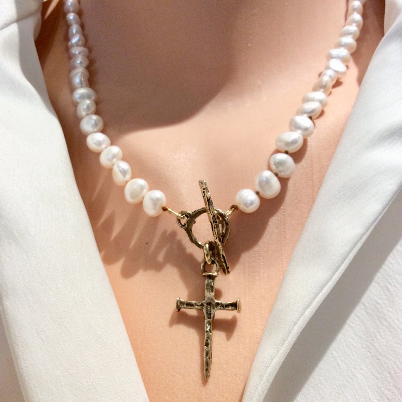 Freshwater Pearl Necklace, Cross Pendant Necklace, Religious Jewelry