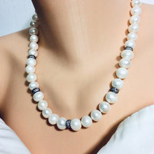 Load image into Gallery viewer, White Pearls Necklace w Zircons Pave Rondelle, Gunmetal Over Sterling Silver, 20&quot;in
