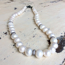 Lade das Bild in den Galerie-Viewer, White Pearls Necklace w Zircons Pave Rondelle, Gunmetal Over Sterling Silver, 20&quot;in
