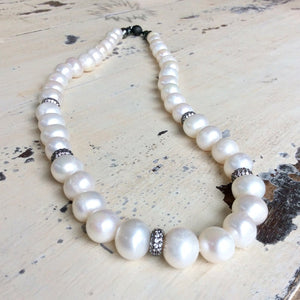 White Pearls Necklace w Zircons Pave Rondelle, Gunmetal Over Sterling Silver, 20"in