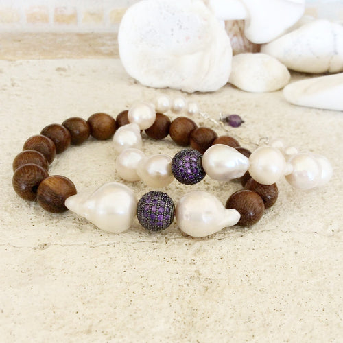 Baroque Pearl Wood Bracelets Set at $85