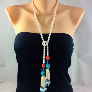 Pearl Lariat Necklace w Coral & Turquoise