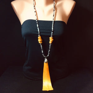 Rutilated Quartz and Copal Boho Style Tassel Necklace
